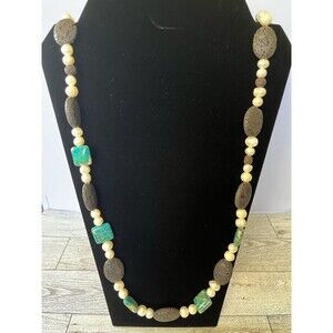 Faux Pearl Lava Stone Turquoise Long Necklace 40" Long